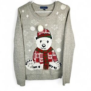 Karen Scott Polar Bear Sweater Women S Grey Plaid Hat 3D Pom Pom Holiday